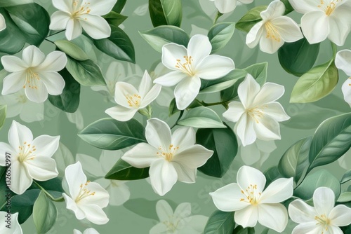 Elegant pattern featuring white flowers and green leaves, perfect for seasonal decor or textile design, evoking a fresh and soothing atmosphere