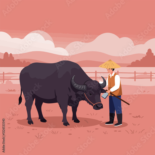 Farmer with Carabao Working in Field in Southeast Asia Illustration
