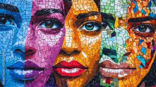 Colorful Mosaic Portraits Representing Diversity and Creativity in Urban Art Installation