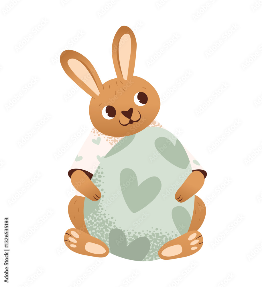 Obraz premium Easter bunny with colorful egg with hearts. Cute rabbit with easter egg. Flat vector illustration.