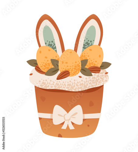 Easter cupcake with creamy icing, rabbit ears and eggs, and sweet sprinkles. Easter seasonal celebrations, bakery promotions, and holiday invitations.