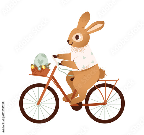 Easter rabbit on a bicycle with a basket and egg, surrounded by spring flowers. Flat vector illustration.