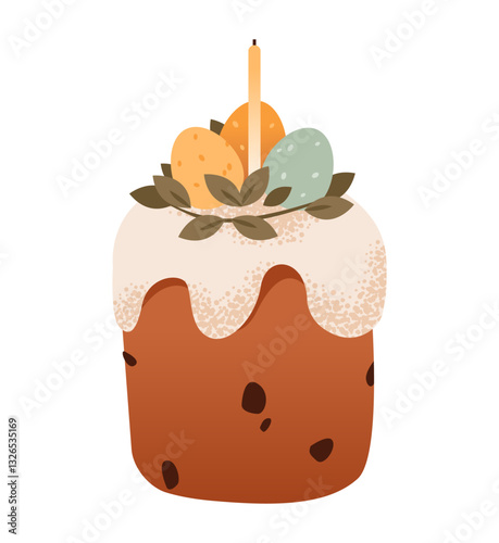 Easter cake with sprinkles and whipped cream, with Easter eggs and a candle. Easter seasonal celebrations, bakery promotions, and holiday invitations.