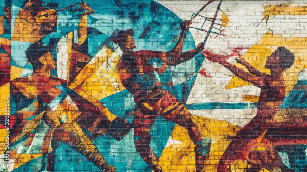 Obraz premium Colorful Mural Depicting Dynamic Figures Engaging in Collaborative Activities in Urban Setting