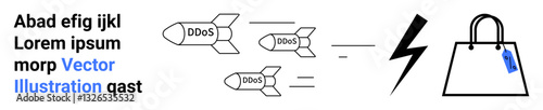 DDoS missiles heading toward shopping bag with lightning bolt, symbolizing cybersecurity threats. Ideal for technology, ecommerce, security, hacking, data protection, online safety, flat landing page