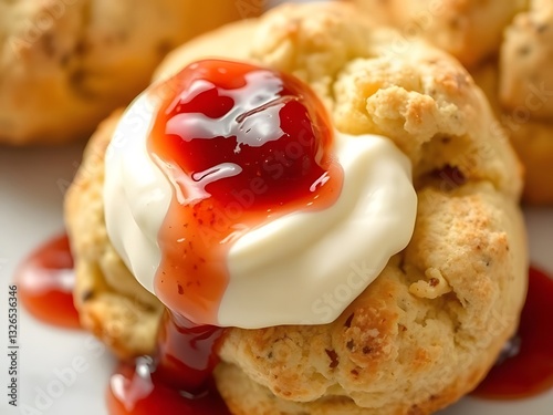 Delicious Homemade Scone with Cream and Strawberry Jam Close-Up.