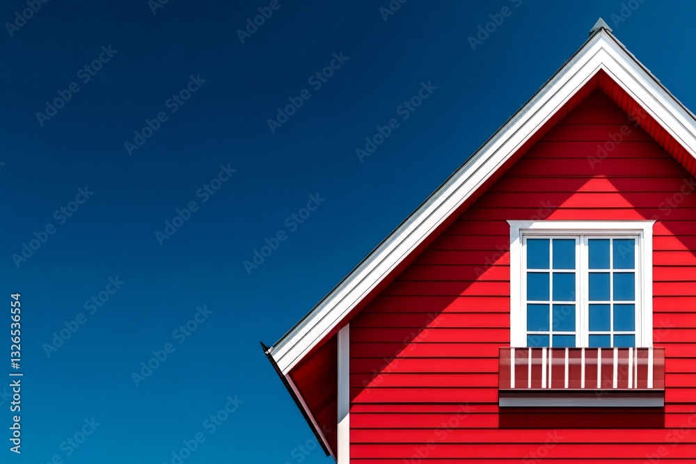 Red wooden house with white trim and window against blue sky Red wooden house with white trim and window against blue sky