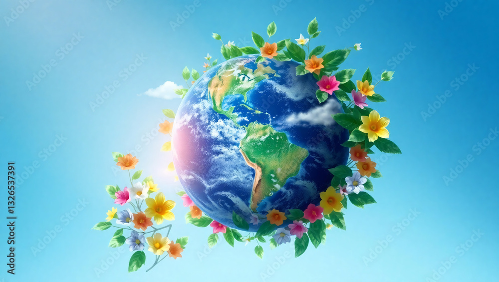 Naklejka premium Digital illustration of Earth globe surrounded by colorful flowers against light blue sky background 