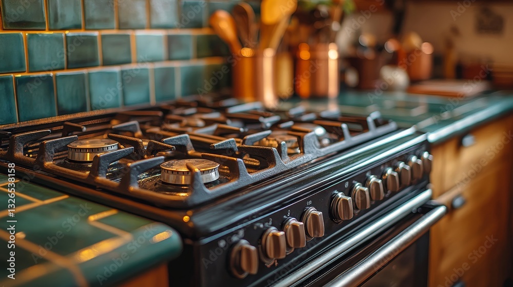 Naklejka premium Gas stove on green tile kitchen counter
