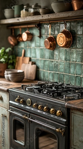 Vintage kitchen with green tiles and copper pots