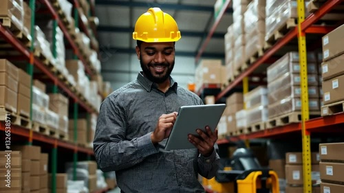 An Indian businessman is using a tablet to oversee a warehouse in a distribution center. Package supervisor for the warehouse: