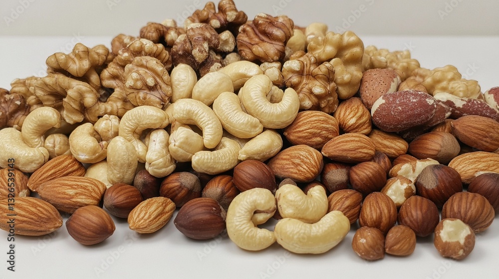 A diverse assortment of mixed nuts including cashews, walnuts, almonds, hazelnuts, and Brazil nuts, arranged beautifully and showcasing their natural textures. A diverse assortment of mixed nuts including cashews, walnuts, almonds, hazelnuts, and Brazil nuts, arranged beautifully and showcasing their natural textures.