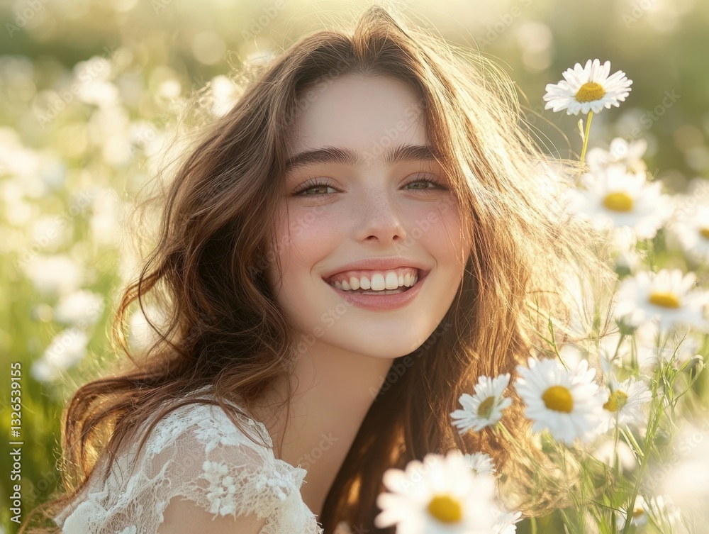 Radiant Woman in a Daisy Field, Symbolizing Beauty, Innocence, and Spring. Perfect for Beauty Blogs, Skincare Ads, and Fashion Magazines. Radiant Woman in a Daisy Field, Symbolizing Beauty, Innocence, and Spring. Perfect for Beauty Blogs, Skincare Ads, and Fashion Magazines.