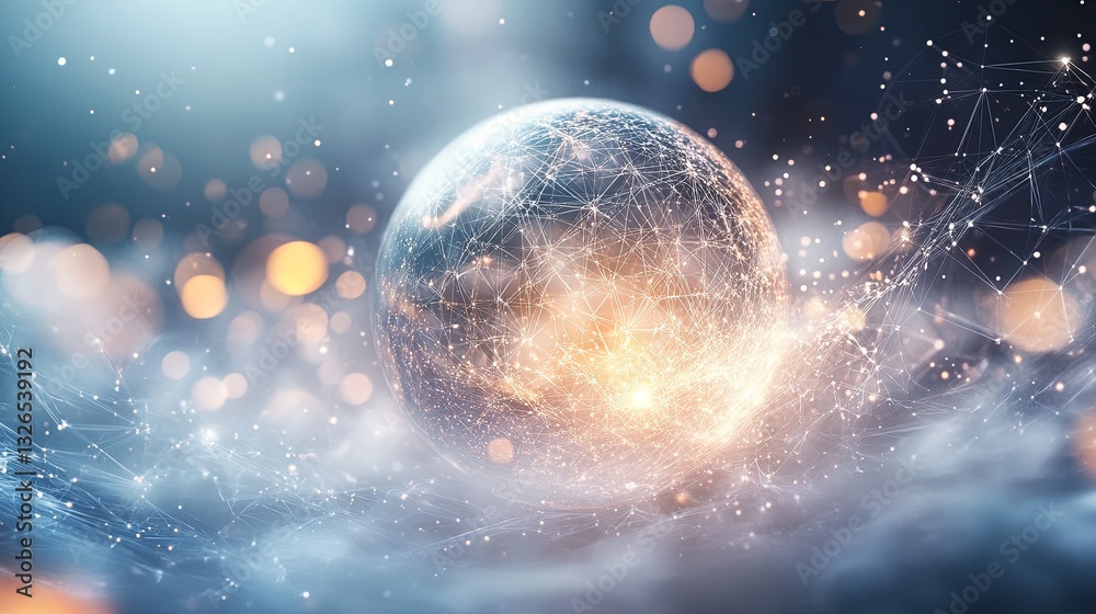 Obraz premium A futuristic sphere emitting soft light, surrounded by geometric particles on white. picture