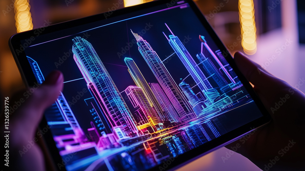 A person holding a tablet showing a generated image of a futuristic city skyline, vibrant colors, clean workspace (1)