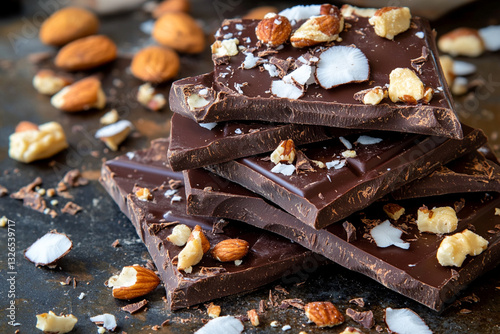 Keto chocolate with pieces of nuts and coconut photo