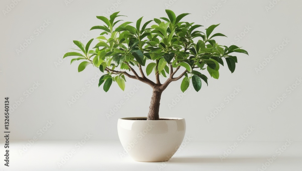 Small Lush Green Bonsai Tree in a White Pot Against a Bright White Background Small Lush Green Bonsai Tree in a White Pot Against a Bright White Background