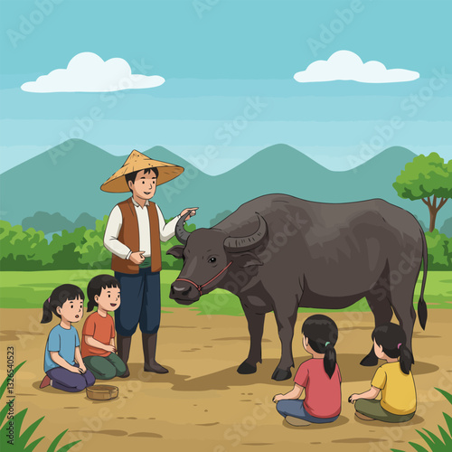 Farmer Explaining Water Buffalo to Children in Rural Landscape