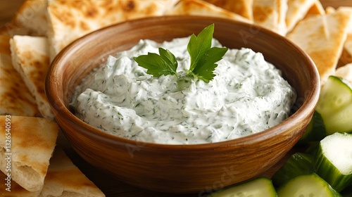 A bowl of tzatziki surrounded by pita bread slices and fresh cucumber sticks. picture