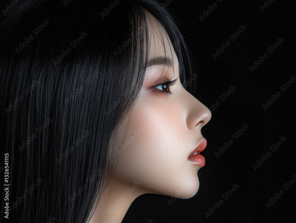 Fototapeta premium Serene Womans Profile Against Black Background, Representing Beauty and Elegance, Ideal for Cosmetics Ads, Haircare Campaigns, and Fashion Magazines.