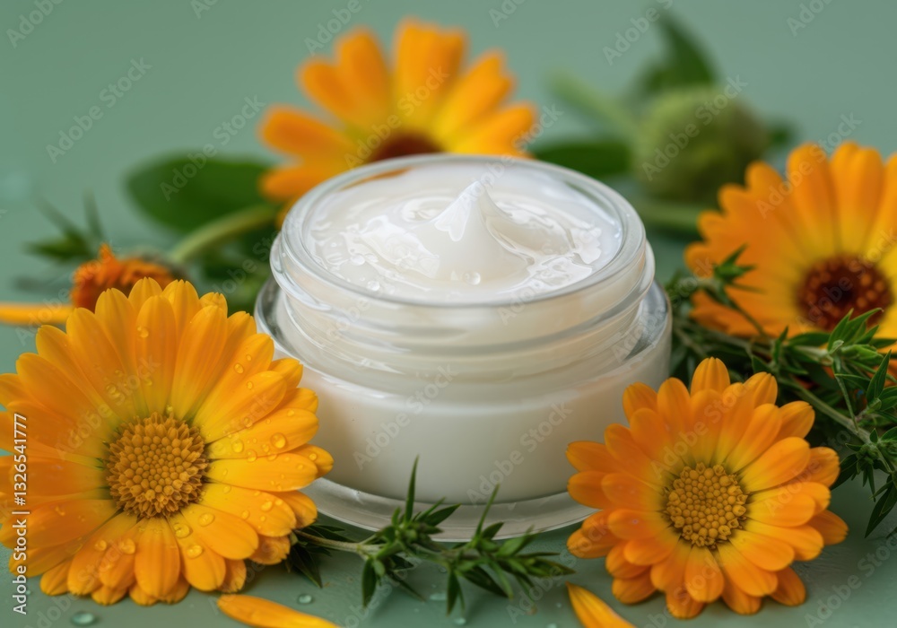 Cosmetic cream in a glass jar and fresh calendula flowers on a green background Cosmetic cream in a glass jar and fresh calendula flowers on a green background