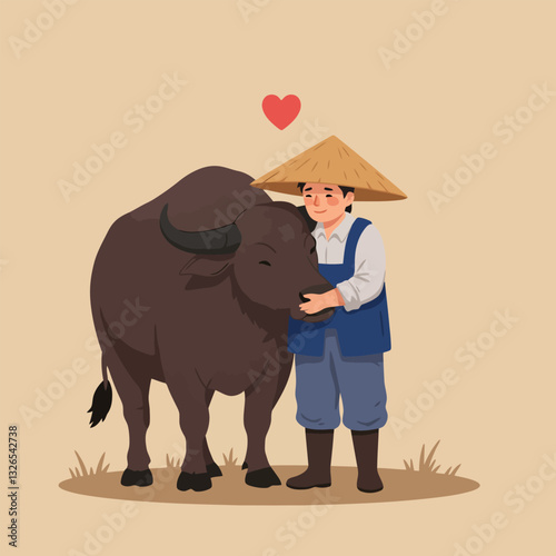 Farmer Hugging Water Buffalo with Love and Compassion in Vector Illustration