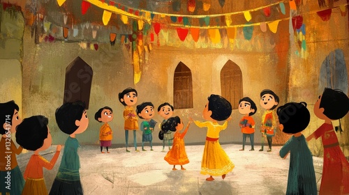 Group of Children Dancing Joyfully in a Colorful Festival Setting with Decorative Bunting