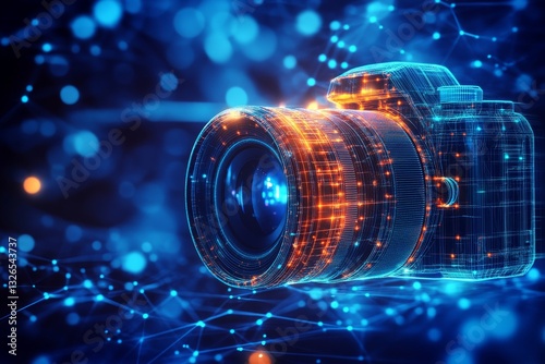 Abstract digital camera design with glowing lines and dots on a dark blue background
