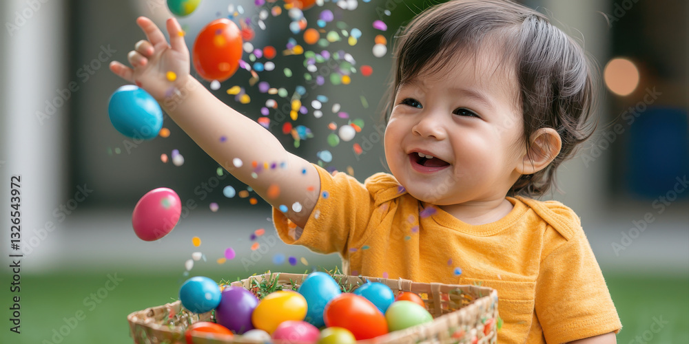 Obraz premium A joyful child plays with colorful eggs, surrounded by confetti, expressing happiness and excitement during a festive celebration.