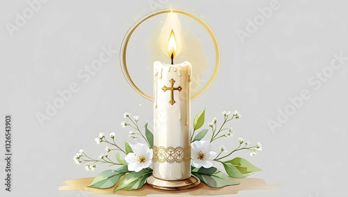 white Communion candle with flowers