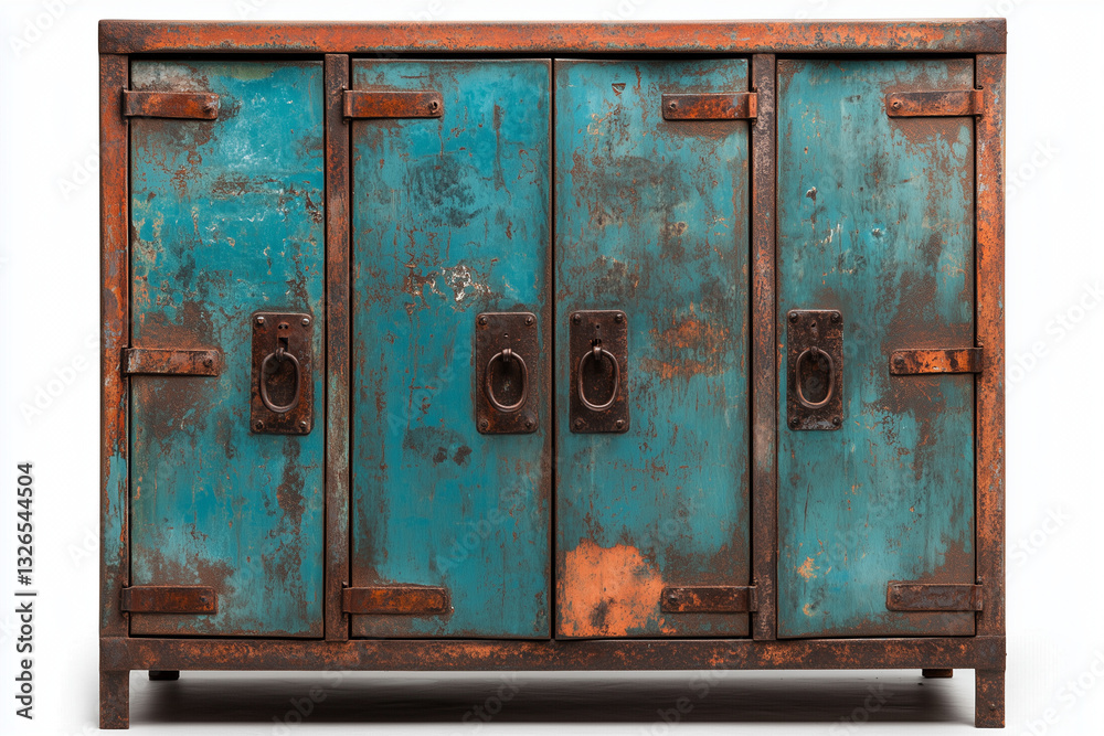 Rustic blue and brown wooden cabinet with four doors for versatile storage in home decor Rustic blue and brown wooden cabinet with four doors for versatile storage in home decor