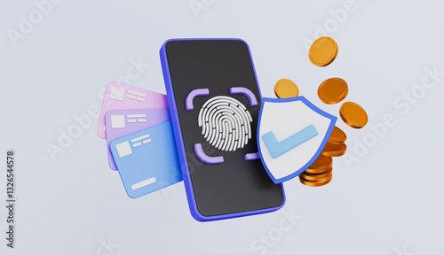 Smartphone with fingerprint screen, payment security system, online payment system, credit cards and pile of money, moneyless payment concept
