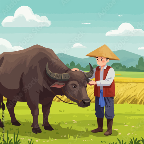 Farmer with Water Buffalo in Rice Field - Traditional Agriculture