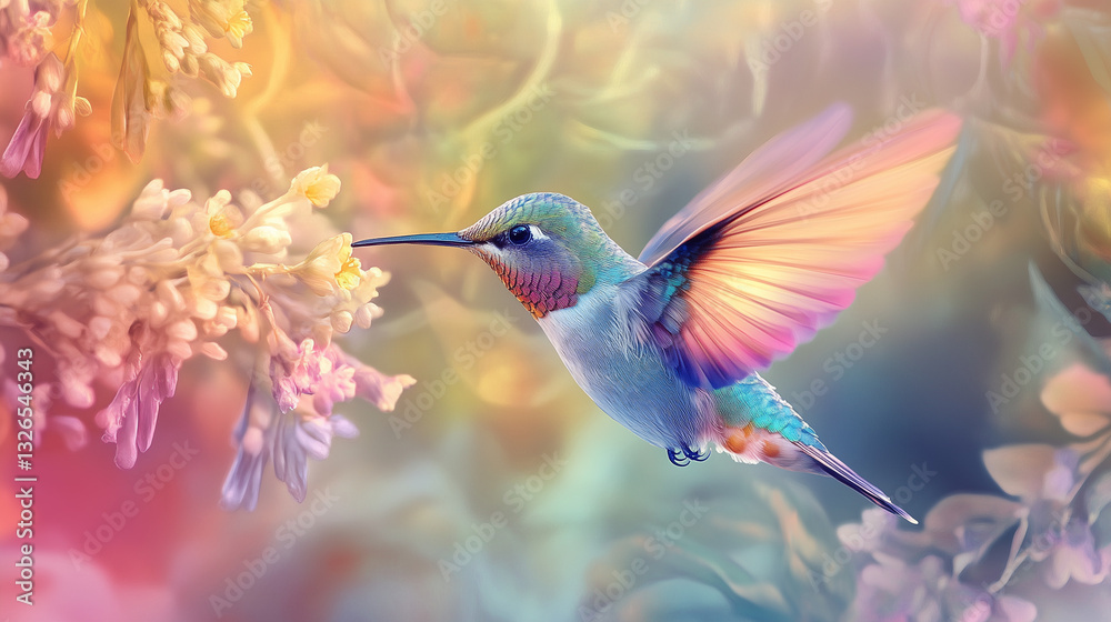 Fototapeta premium Colorful pastel background with a bird, featuring vibrant colors, a soft, misty atmosphere