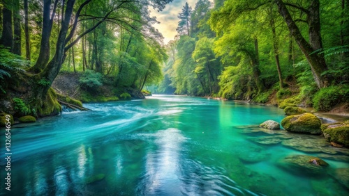 River flowing through serene forest with turquoise water, water, riverside,  water, riverside, nature, forest
