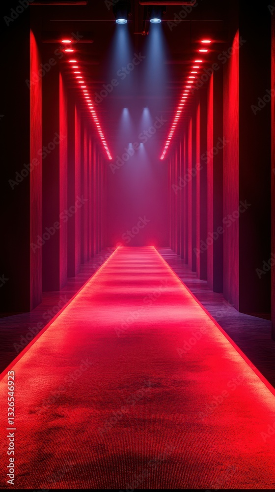 Fototapeta premium Illuminated corridor with red lights and contrasting shadows in a modern architectural space
