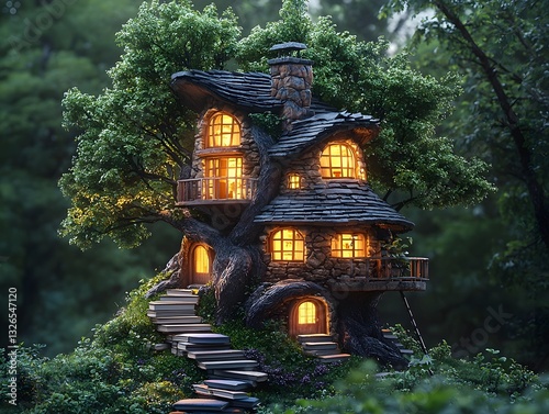 Glowing Treehouse Filled with Books and Tools  Symbolizing a Child s Journey Toward Independence Through Education photo