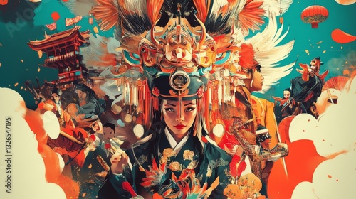 Intricate Portrait of a Woman in Traditional Costume Surrounded by Cultural Symbols and Colors