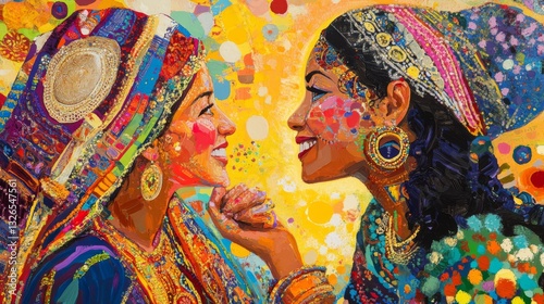 Joyful Celebration of Friendship Between Two Women in Colorful Traditional Attire with Vibrant Background