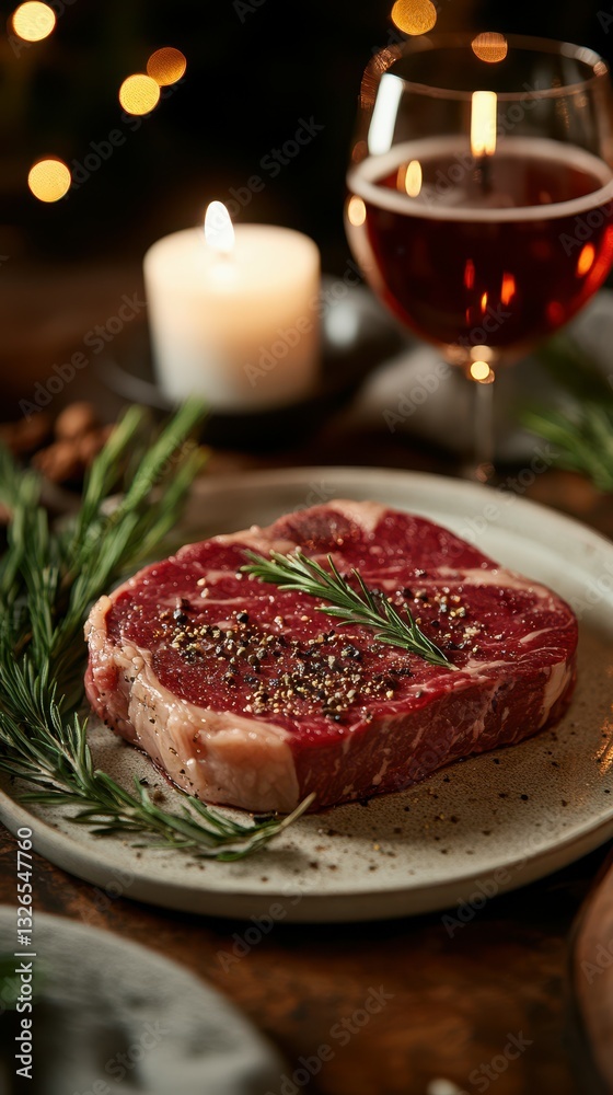 Juicy steak with herbs on a rustic table garnished with a candle and wine at an evening gathering Juicy steak with herbs on a rustic table garnished with a candle and wine at an evening gathering