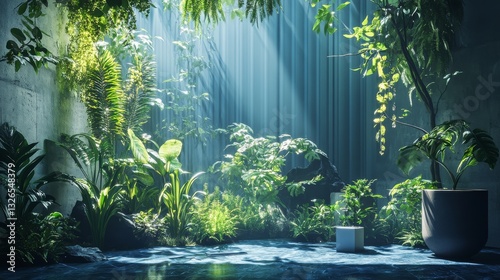 Lush Indoor Garden with Tropical Plants Illuminated by Sunlight and Reflecting Pool