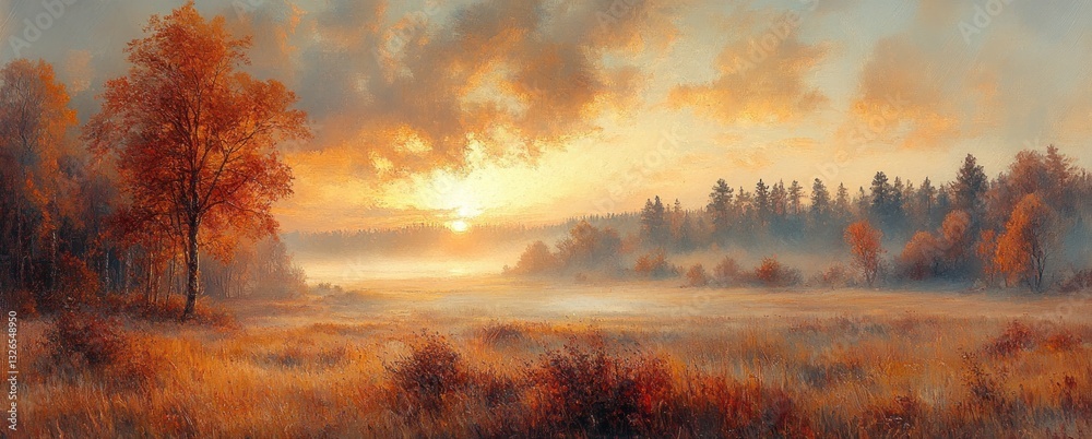 Fototapeta premium Autumn Misty Landscape in Finland with Sunrise Over Rural Fields and Forest