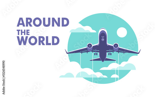 Airplane gaining altitude between clouds. Travel and vacation time. Vector illustration in a minimalistic style.