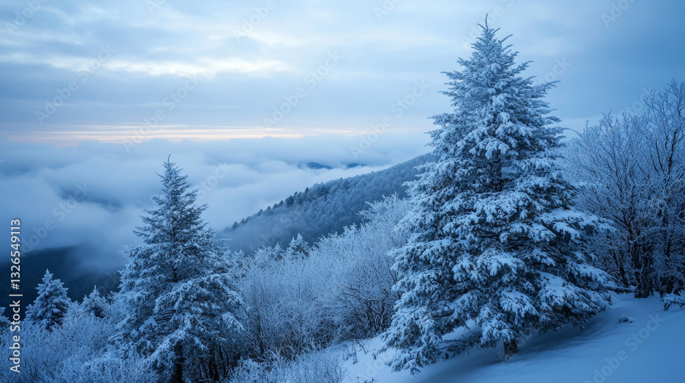 Snow-covered evergreen trees on a mountain peak at sunrise, overlooking misty clouds and frosty wilderness.
Snow-covered evergreen trees on a mountain peak at sunrise, overlooking misty clouds and frosty wilderness.