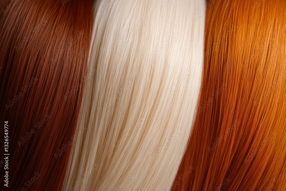 Fototapeta premium Close up of three vibrant hair colors auburn, platinum blonde, and bright orange showcasing hair textures and shine, perfect for hair care concepts