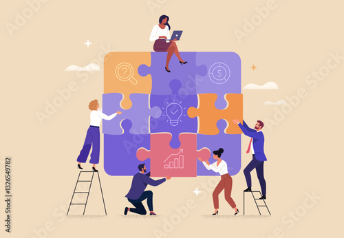 Business Teamwork concept. Contemporary flat style abstract vector illustration of a company of diverse people putting together a huge puzzle details. Isolated on background