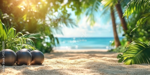 Fototapeta Naklejka Na Ścianę i Meble -  Beautiful beach setting for a game of boules with palm trees and sparkling ocean in the background during daylight