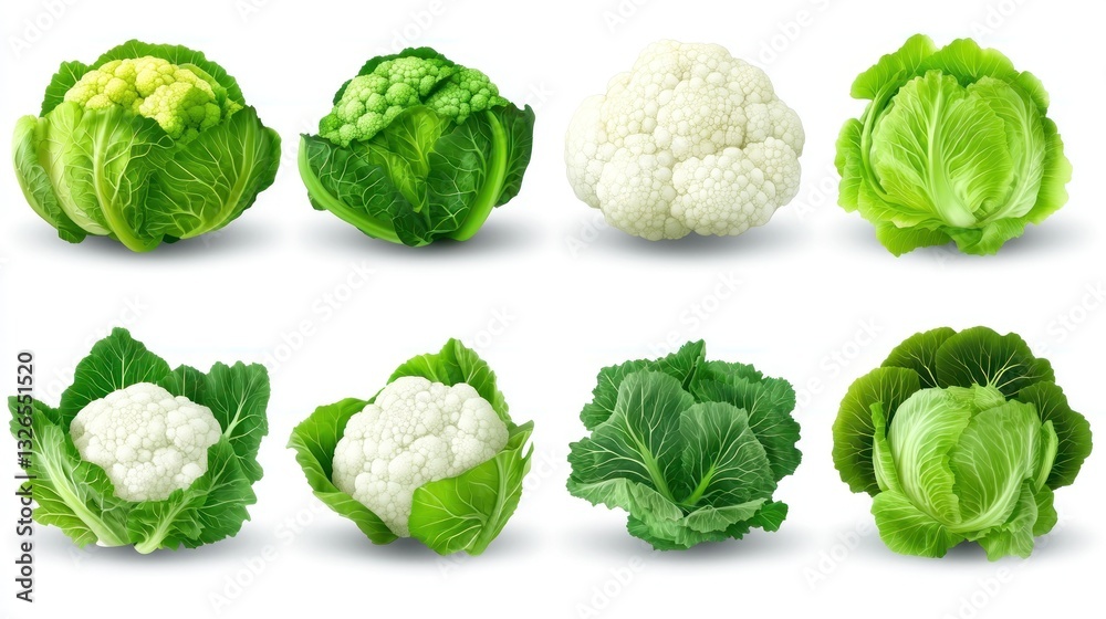 Fototapeta premium Collection of Fresh Vegetables: Cauliflower and Cabbage