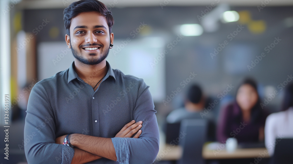A young Indian customer support representative joyfully assisting a client over the phone, with a modern office background showing a diverse team working together. His body language suggests A young Indian customer support representative joyfully assisting a client over the phone, with a modern office background showing a diverse team working together. His body language suggests