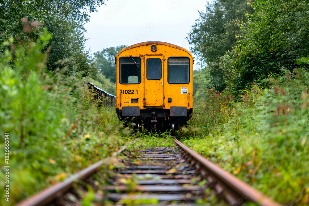 Fototapeta premium Abandoned yellow train on overgrown railway tracks